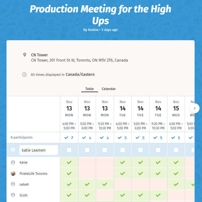 Screengrab of a Doodle poll offering several meeting time options, also showing the folks who have already participated in the poll and their choices